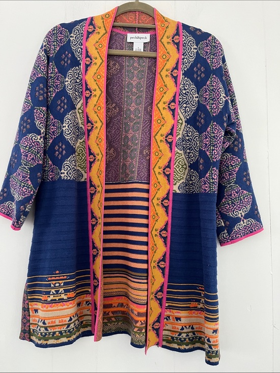 Peck & Peck Sweaters - Peck & Peck Boho Royal Blue Mustard Yellow Pink Floral Open Cardigan Size Small